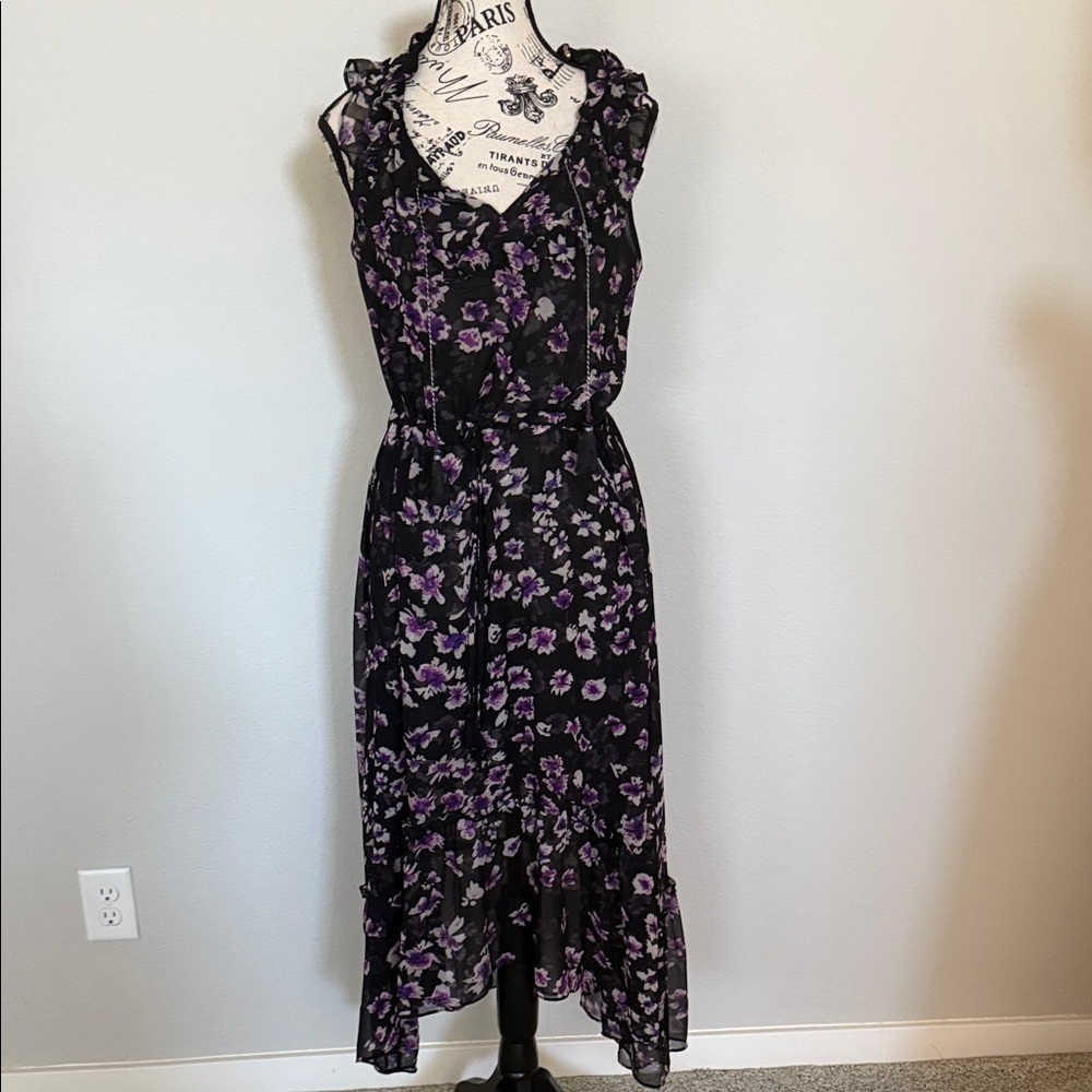 Misa Los Angeles Purple and Black Floral Midi Dress